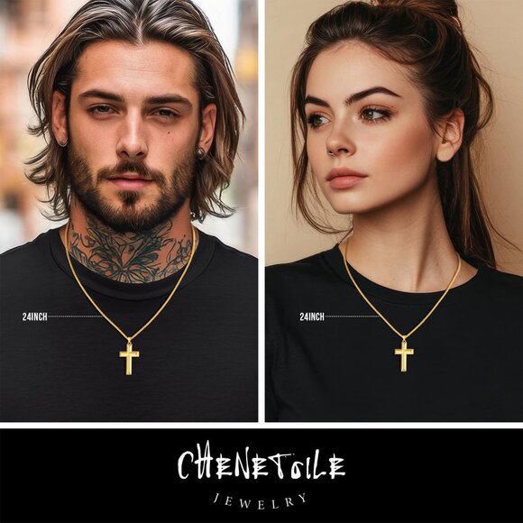 Men's 14K Gold Cross Classic Religious Necklace with Chain - Picture 4 of 7